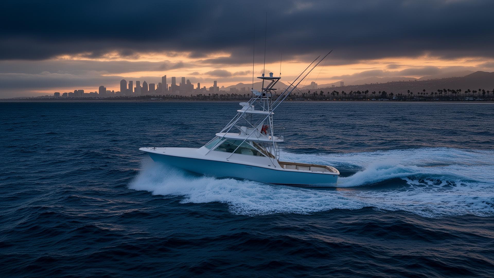 Sportfishing boat off the San Diego coast at dawn